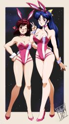 Rule 34 | 1980s (style), 2girls, absurdres, adapted costume, amano kazumi, animal ears, bare legs, blue eyes, blue hair, bob cut, border, bow, breasts, choker, cleavage, danmakuman, fake animal ears, full body, hair bow, hand on another&#039;s waist, hand on own hip, high heels, highres, large breasts, leotard, long hair, multiple girls, oldschool, one eye closed, open mouth, pink choker, pink footwear, pink leotard, playboy bunny, rabbit ears, red eyes, red hair, retro artstyle, short hair, sidelocks, star (symbol), starry background, takaya noriko, top wo nerae!, v, white border, wrist cuffs