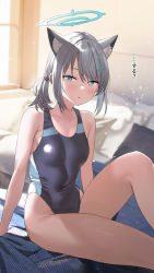 Rule 34 | 1girl, :o, animal ear fluff, animal ears, arm support, blue archive, blush, breasts, competition swimsuit, covered navel, grey hair, half-closed eyes, halo, highres, indoors, knee up, looking at viewer, medium breasts, on bed, one-piece swimsuit, shiroko (blue archive), shiroko (swimsuit) (blue archive), side ponytail, sitting, skin tight, solo, subachi, sunlight, swimsuit