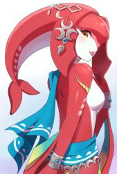 Rule 34 | 1girl, :p, back, bad id, bad pixiv id, blush, breasts, cape, colored skin, fins, fish girl, gem, hair ornament, jewelry, looking at viewer, looking back, medium breasts, mipha, multicolored skin, nintendo, red skin, riko (sorube), sideboob, simple background, solo, the legend of zelda, the legend of zelda: breath of the wild, tongue, tongue out, vambraces, white background, yellow eyes, zora