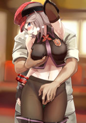 Rule 34 | 1boy, 1girl, alisa ilinichina amiella, arm up, armpits, bare shoulders, blue eyes, blush, grabbing another&#039;s breast, breasts, chicken (chickenx), elbow gloves, fingerless gloves, gloves, god eater, grabbing, grabbing from behind, graphite (medium), hat, highres, large breasts, long hair, mechanical pencil, midriff, navel, panties, pantyhose, pantyshot, pencil, silver hair, skirt, sleeveless, thighhighs, traditional media, underwear
