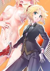 Rule 34 | 1girl, absurdres, black jacket, blonde hair, blush, braid, breasts, clarent (fate), commentary request, cum, cum on body, fate (series), formal, gloves, hair ornament, hair scrunchie, highres, holding, holding sword, holding weapon, jacket, looking at viewer, medium breasts, medium hair, mordred (fate), mordred (fate/apocrypha), mordred (formal dress) (fate), mozu (peth), multiple views, nipples, nude, parted bangs, ponytail, red scrunchie, scrunchie, shirt, smile, suit, sword, weapon, white gloves, white shirt