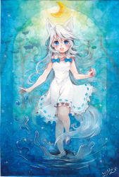Rule 34 | 1girl, animal ears, bare shoulders, blue eyes, bow, crescent moon, dress, moon, mosho, original, signature, solo, tail, traditional media, tree, water, white dress, white hair