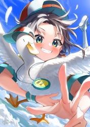 Rule 34 | 1girl, absurdres, animal, baseball cap, bird, black hair, blue eyes, blue sky, blush, cloud, commentary request, duck, feathers, grin, hat, highres, holding, holding animal, holding bird, hololive, kito koruta, looking at viewer, midair, multicolored clothes, multicolored hat, oozora subaru, oozora subaru (1st costume), shirt, shoes, short hair, short sleeves, signature, sky, smile, solo, stopwatch, striped clothes, striped shirt, subaru duck, v, vertical-striped clothes, vertical-striped shirt, virtual youtuber, watch, white background, white footwear, white legwear