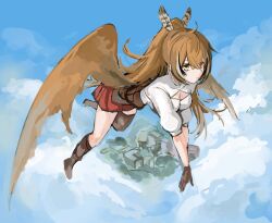 Rule 34 | 1girl, ahoge, ankle boots, asymmetrical legwear, belt, bird girl, bird wings, boots, brown corset, brown eyes, brown hair, cleavage cutout, clothing cutout, cloud, cloudy sky, corset, crossed bangs, flying, gloves, han ma53, highres, hololive, hololive english, kneehighs, looking at viewer, multicolored hair, nanashi mumei, nanashi mumei (1st costume), pleated skirt, red skirt, shirt, single kneehigh, single sock, single thighhigh, sketch, skirt, sky, socks, streaked hair, thighhighs, virtual youtuber, white shirt, wings