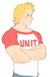 Rule 34 | 1boy, alternate costume, artist request, blonde hair, blue eyes, blush, boku no hero academia, casual, check artist, crossed arms, denim, highres, jeans, looking to the side, lovemiriotogata, male focus, pants, pectorals, shirt, short hair, sideburns, solo, spiked hair, togata mirio, toned, toned male, white shirt