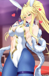Rule 34 | 1girl, ahoge, animal ears, artoria pendragon (all), artoria pendragon (fate), artoria pendragon (swimsuit ruler) (fate), bare shoulders, blue necktie, blurry, blurry background, blush, braid, breasts, cleavage, closed mouth, clothing cutout, detached collar, fake animal ears, fate/grand order, fate (series), fishnet pantyhose, fishnets, french braid, green eyes, hair between eyes, heart, highleg, highleg leotard, highres, large breasts, leotard, long hair, looking at viewer, navel, navel cutout, necktie, pantyhose, playboy bunny, ponytail, rabbit ears, sidelocks, smile, solo, thigh strap, thighs, tiara, unadon, white leotard, wrist cuffs