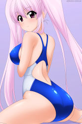 Rule 34 | 1girl, absurdres, ass, blue one-piece swimsuit, breasts, competition swimsuit, from behind, grey background, highres, large breasts, long hair, looking at viewer, one-piece swimsuit, original, pink hair, purple eyes, simple background, sitting, smile, solo, sugimura tomokazu, swimsuit, twintails, wariza