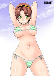 Rule 34 | 1girl, armpits, arms up, bikini, blush, breasts, brown hair, cameltoe, green eyes, highres, hornet (artist), large breasts, legs, looking away, navel, short hair, simple background, smile, solo, standing, swimsuit, thighs, thong