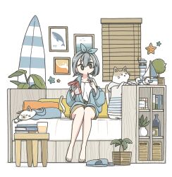 Rule 34 | 1girl, barefoot, cat, coffee table, collarbone, couch, grey hair, highres, indoors, long sleeves, original, plant, potted plant, shelf, short hair, sitting, solo, table, tameikirakuda