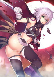Rule 34 | 1girl, armband, ass, bandages, bare shoulders, boots, cape, dagger, dual wielding, fate/apocrypha, fate/grand order, fate (series), green eyes, holding, jack the ripper (fate/apocrypha), knife, kouzuki tsubasa (musou kaidou), looking back, moon, navel, open mouth, solo, star (symbol), thigh boots, thigh strap, thighhighs, weapon