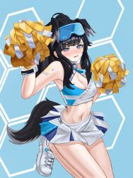 Rule 34 | 1girl, absurdres, bare arms, bare legs, bare shoulders, black hair, blue archive, blue background, blue eyes, blush, breasts, cheerleader, cleavage, commentary, crop top, goggles, goggles on head, hands up, hibiki (blue archive), hibiki (cheer squad) (blue archive), highres, holding, holding pom poms, long hair, looking at viewer, medium breasts, midriff, millennium cheerleader outfit (blue archive), miniskirt, navel, nyanbutter, open mouth, pom pom (cheerleading), pom poms, shoes, shoulder tattoo, skirt, sneakers, solo, stomach, tail, tattoo, thighs, white footwear, white skirt