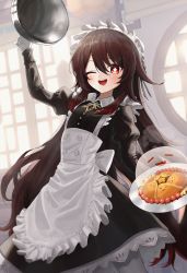 1girl, ;d, absurdres, alternate costume, apron, arm up, black dress, brown hair, dress, enmaided, flat chest, food, frilled apron, frills, genshin impact, ghost, gloves, highres, hu tao, huge filesize, juliet sleeves, long hair, long sleeves, looking at viewer, maid, maid apron, maid headdress, one eye closed, open mouth, pantyhose, pellas (panix2383), plate, puffy sleeves, red eyes, smile, solo, standing, star-shaped pupils, star (symbol), symbol-shaped pupils, very long hair, white gloves, white legwear