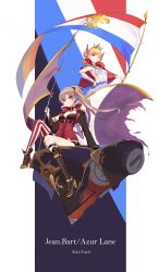 Rule 34 | 2girls, absurdres, asymmetrical footwear, asymmetrical legwear, azur lane, blonde hair, blue eyes, boots, breasts, brown hair, capelet, character name, choker, copyright name, double bun, elbow gloves, flag, flagpole, fleur-de-lis, french flag, gloves, hair bun, hand on own hip, high heel boots, high heels, highres, holding, holding flag, jean bart (azur lane), knee boots, le triomphant (azur lane), long hair, looking at viewer, multiple girls, one eye closed, red capelet, red eyes, short shorts, shorts, single elbow glove, single knee boot, single thighhigh, sitting, small breasts, smile, striped clothes, striped thighhighs, thighhighs, uneven footwear, uneven legwear, vertical-striped clothes, vertical-striped thighhighs, xiang cheng (nido)