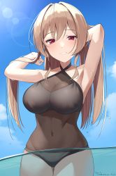 Rule 34 | 1girl, absurdres, arm up, armpits, bare arms, bare shoulders, black one-piece swimsuit, blue sky, breasts, brown hair, cleavage, cloud, collarbone, commentary request, covered navel, dated, furen e lustario, hair between eyes, hand up, hands in hair, highres, hirota fruit, large breasts, long hair, looking at viewer, nijisanji, one-piece swimsuit, outdoors, partially submerged, red eyes, signature, sky, smile, solo, swimsuit, twitter username, very long hair, virtual youtuber, water