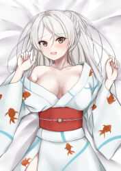Rule 34 | 1girl, bed sheet, blush, breasts, brown eyes, conte di cavour (kancolle), grey hair, highres, japanese clothes, kantai collection, kimono, koru pera, large breasts, long hair, long sleeves, obi, official alternate costume, open mouth, sash, solo, white kimono, wide sleeves