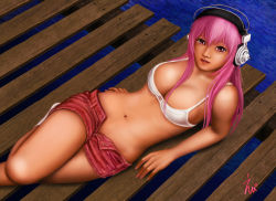Rule 34 | 1girl, arm support, bra, breasts, cleavage, ebi (eeotoko), headphones, highres, large breasts, lips, long hair, looking at viewer, lying, midriff, navel, nitroplus, nose, on side, open fly, parted lips, pier, pink eyes, pink hair, short shorts, shorts, socks, solo, super sonico, underwear, unzipped, water