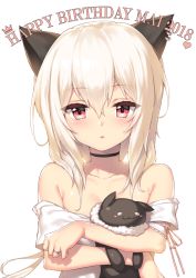 Rule 34 | 1girl, 2018, animal ears, bad id, bad pixiv id, bare shoulders, black choker, blush, breasts, cat ears, child, choker, collarbone, commentary request, fuya (tempupupu), hair between eyes, happy birthday, head tilt, heart, jewelry, long hair, looking at viewer, hugging object, off-shoulder shirt, off shoulder, original, parted lips, red eyes, ring, shirt, simple background, small breasts, solo, stuffed animal, stuffed cat, stuffed toy, white background, white hair, white shirt