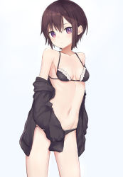 Rule 34 | 1girl, bad id, bad pixiv id, bare shoulders, bikini, black bikini, black jacket, breasts, brown hair, closed mouth, collarbone, commentary request, cowboy shot, gantan, groin, jacket, long sleeves, looking at viewer, navel, off shoulder, open clothes, open jacket, original, purple eyes, short hair, sidelocks, simple background, sleeves past fingers, sleeves past wrists, small breasts, solo, stomach, swimsuit, thighs, white background