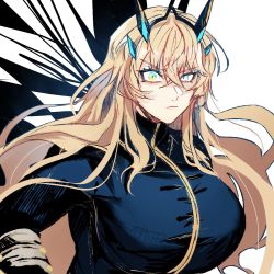 Rule 34 | 1girl, barguest (fate/grand order), blonde hair, blue eyes, blue shirt, breasts, barghest (fate), fate/grand order, fate (series), hair between eyes, horns, large breasts, long hair, long sleeves, looking at viewer, shirt, solo, u 5ham0, very long hair