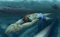 Rule 34 | 10s, 1girl, armpits, bad id, bad pixiv id, brown hair, giant, giantess, historical name connection, i-400-class-submarine, i-401, i-401 (kancolle), kantai collection, military, military vehicle, mother ship, name connection, ninhariden, object namesake, open mouth, ponytail, school swimsuit, short hair, short ponytail, solo, submarine, submarine aircraft carrier, swimming, swimsuit, underwater, watercraft, weapon, weapon request