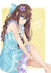 Rule 34 | 1girl, 2022, alternate hairstyle, aqua bow, aqua dress, aqua eyes, aqua skirt, artist name, artist request, back bow, bare legs, bare shoulders, black bow, blooming garden (love live!), blue eyes, blush, bow, bowtie, bracelet, breasts, brown hair, center frills, cleavage, collarbone, criss-cross halter, cross-laced clothes, cross-laced dress, curly hair, dated, dress, female focus, fingers together, floral print, flower, flower bracelet, flower dress, flower hair ornament, flower print, frilled dress, frilled skirt, frills, gem, hair between eyes, hair bow, hair flower, hair ornament, halterneck, high ponytail, highres, jewelry, knee up, long hair, looking at viewer, love live!, love live! nijigasaki high school idol club, love live! school idol festival, love live! school idol festival all stars, miniskirt, nail polish, osaka shizuku, own hands together, parted lips, pearl (gemstone), pearl bracelet, pink nails, plaid, plaid dress, plaid skirt, pleated, pleated dress, pleated skirt, ponytail, purple bow, purple flower, sitting, skirt, sleeveless, sleeveless dress, small breasts, smile, solo, striped bow, striped clothes, striped dress, striped skirt, vertical-striped clothes, vertical-striped dress, vertical-striped skirt