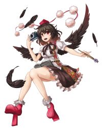 Rule 34 | 1girl, :d, bird wings, black hair, black ribbon, black skirt, black wings, bobby socks, book, breasts, camera, collared shirt, commentary request, falling feathers, feathered wings, feathers, frilled skirt, frills, fuente, full body, geta, hat, holding, holding book, holding camera, holding pen, leaf print, medium breasts, medium hair, neck ribbon, nib pen (medium), open mouth, pen, pom pom (clothes), puffy short sleeves, puffy sleeves, red eyes, red footwear, red hat, ribbon, shameimaru aya, shirt, short sleeves, skirt, smile, socks, solo, teeth, tengu-geta, thighs, touhou, traditional media, transparent background, upper teeth only, white shirt, wings