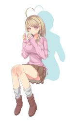 Rule 34 | 1girl, ahoge, akamatsu kaede, bad id, bad pixiv id, black footwear, blonde hair, boots, braid, breasts, brown skirt, commentary request, cup, danganronpa (series), danganronpa v3: killing harmony, highres, holding, holding cup, large breasts, long hair, looking at viewer, original, piatin, pink eyes, pink ribbon, pink sweater, pleated skirt, ribbon, saihara shuichi, shadow, simple background, skirt, socks, solo, suterii, sweater, white background
