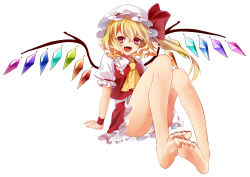 1girl :d absurdres ascot asoct bad_id bad_pixiv_id bare_legs barefoot blonde_hair feet female_focus flandre_scarlet hat highres kyouda_suzuka legs looking_at_viewer mob_cap nail_polish open_mouth panties pantyshot red_eyes side_ponytail sitting smile soles solo toenail_polish toenails toes touhou underwear wings