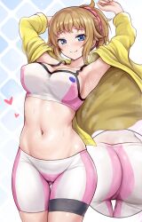 1girl armpits arms_up ass bike_shorts blue_eyes breasts brown_hair cleavage closed_mouth commentary_request gundam gundam_build_fighters gundam_build_fighters_try hoshino_fumina jacket large_breasts looking_at_viewer midriff navel open_clothes open_jacket ponytail r-binon short_hair smile solo sports_bra sweat yellow_jacket