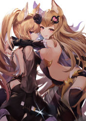 Rule 34 | 2girls, 40 (0f0urw), :p, absurdres, animal ears, bare back, bare shoulders, black dress, black gloves, blonde hair, breasts, brown hair, butt crack, dress, elbow gloves, erune, expressionless, fingerless gloves, flower, gloves, granblue fantasy, hair flower, hair ornament, highres, hug, knife, long hair, looking at viewer, medium breasts, metera (granblue fantasy), mole, multiple girls, ponytail, purple eyes, sideboob, simple background, smile, tongue, tongue out, trait connection, yuisis (granblue fantasy)