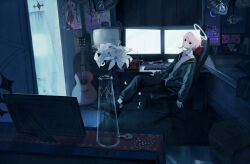 Rule 34 | 1boy, chair, crossed legs, crt, curtains, desk, flower, gaming chair, glass, guitar, halo, highres, indoors, instrument, lily (flower), looking at viewer, monitor, original, shadow, sitting, solo, swivel chair, white hair, yukitsukumo