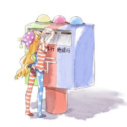 Rule 34 | 1girl, akizuki haruhi, american flag dress, american flag legwear, blonde hair, blush, clownpiece, commentary request, hat, japanese postal mark, jester cap, long hair, mail, mailbox, neck ruff, open mouth, pantyhose, polka dot, postbox, shirt, simple background, smile, solo, standing, star (symbol), striped clothes, striped pantyhose, touhou, very long hair, white background