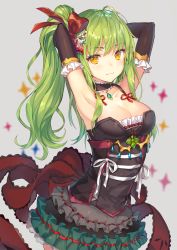 Rule 34 | 1girl, :3, ahoge, armpits, arms behind head, arms up, asymmetrical hair, bare shoulders, black dress, black gloves, black neckwear, blush, breasts, choker, cleavage, close-up, cowboy shot, detached collar, dress, elbow gloves, green gemstone, frilled choker, frilled dress, frilled gloves, frills, gem, gloves, green hair, grey background, highres, large breasts, layered dress, long hair, looking at viewer, momoko (momopoco), original, red ribbon, ribbon, ribbon-trimmed clothes, ribbon trim, side ponytail, simple background, smile, solo, sparkle, standing, yellow eyes