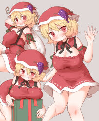 Rule 34 | 1girl, aki minoriko, arinu, blonde hair, blush, box, breasts, cleavage, closed mouth, fruit hat ornament, gift, gift box, grape hat ornament, grey background, grin, hair between eyes, hat, hat ornament, highres, holding, holding sack, large breasts, multiple views, open mouth, red eyes, red headwear, sack, santa costume, short hair, simple background, smile, touhou