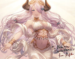 Rule 34 | 1girl, arabian clothes, armlet, bare shoulders, belly dancing, blue eyes, braid, breasts, cleavage, collarbone, commentary request, commission, demon horns, draph, dress, granblue fantasy, hair ornament, hair over one eye, horns, ivris, jewelry, large breasts, laurel crown, light purple hair, long hair, looking at viewer, narmaya (granblue fantasy), navel, neck ring, open mouth, pointy ears, single braid, smile, solo, very long hair