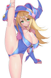 Rule 34 | 1girl, absurdres, blonde hair, blue hat, blush, breasts, cleavage, closed mouth, dark magician girl, duel monster, green eyes, hair between eyes, hat, hexagram, highres, ichi-jirushi, large breasts, leg up, long hair, looking at viewer, simple background, smile, solo, split, standing, standing on one leg, standing split, thighs, white background, wizard hat, yu-gi-oh!, yu-gi-oh! duel monsters