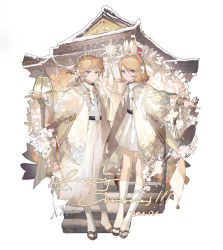 Rule 34 | 1boy, 1girl, architecture, blonde hair, blue eyes, closed mouth, collared shirt, dated, dress, east asian architecture, highres, jacket, kagamine len, kagamine rin, knees, lantern, lobelia (saclia), looking at viewer, medium hair, merry christmas, necktie, outstretched arm, pants, pointing, sandals, serious, shirt, skirt, smile, snow, stairs, standing, temple, vocaloid, white background, white dress, white jacket, wide sleeves