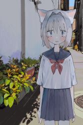Rule 34 | 1girl, alley, animal ear fluff, animal ears, arms at sides, blue eyes, building, cat ears, cat girl, cowboy shot, day, grey hair, grey sailor collar, grey skirt, hair intakes, highres, light blush, looking at viewer, medium hair, neckerchief, original, outdoors, parted lips, plant, pleated skirt, red neckerchief, sailor collar, sailor shirt, school uniform, serafuku, shirt, short sleeves, skirt, solo, standing, straight-on, summer uniform, twitter username, uo yuo, watermark