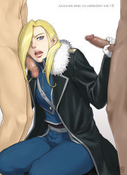 Rule 34 | 1girl, 2boys, azasuke, blonde hair, blue eyes, breasts, censored, clothed female nude male, coat, dark skin, erection, fullmetal alchemist, fur trim, gloves, groin, group sex, hair over one eye, handjob, highres, kneeling, legs, lips, long hair, looking at viewer, military, military uniform, mosaic censoring, multiple boys, nude, olivier mira armstrong, open mouth, penis, pink lips, signature, simple background, standing, thick lips, thighs, uniform, white gloves