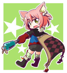Rule 34 | 1girl, 7th dragon, 7th dragon (series), :d, animal ear fluff, animal ears, ass, black footwear, black shorts, blue jacket, blush, boots, cape, cat ears, checkered cape, commentary request, fang, fighter (7th dragon), full body, gloves, green background, green eyes, hair between eyes, hair bobbles, hair ornament, harukara (7th dragon), holding, jacket, long sleeves, looking at viewer, looking to the side, naga u, one side up, open mouth, outline, pink hair, red gloves, short shorts, shorts, smile, solo, star (symbol), striped clothes, striped thighhighs, thighhighs, thighhighs under boots, two-tone background, white background, white outline