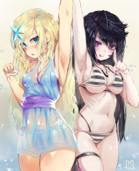 Rule 34 | 2girls, :p, absurdres, armpits, arms up, bad id, bad pixiv id, bikini, blonde hair, blue dress, blue eyes, blue nails, blush, breasts, cleavage, dress, hair ornament, highres, long hair, looking at viewer, medium breasts, multiple girls, nail polish, navel, original, panties, purple eyes, purple hair, purple nails, sash, sleeveless, sleeveless dress, smile, standing, striped bikini, striped clothes, striped panties, swimsuit, thigh strap, tongue, tongue out, torriet, underwear