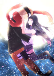 Rule 34 | couple, closed eyes, forehead protector, highres, hime cut, hyuuga hinata, looking at another, moon, naruto: the last, naruto (series), night, night sky, scarf, sky, space, spiked hair, star (sky), thighhighs, uzumaki naruto, whiskers