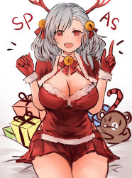 Rule 34 | 1girl, bad id, bad pixiv id, blush, breasts, candy, candy cane, character name, christmas, cleavage, food, gift, girls&#039; frontline, gloves, highres, horns, large breasts, looking at viewer, red eyes, silver hair, skirt, smile, spas-12 (girls&#039; frontline), suru (ksoo420), v