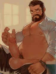 Rule 34 | 1boy, abs, arm hair, bara, bare pectorals, beard, belly, black pants, blush, brown-framed eyewear, brown hair, censored, cum, cum string, erection, facial hair, glasses, highres, large pectorals, large penis, male focus, male pubic hair, mature male, mosaic censoring, muscular, muscular male, navel, nipples, open clothes, open pants, open shirt, original, pants, pectorals, penis, plump, pubic hair, ryker, shirt, short hair, sleeves rolled up, solo, stomach, veins, veiny penis, watch, white shirt, wristwatch