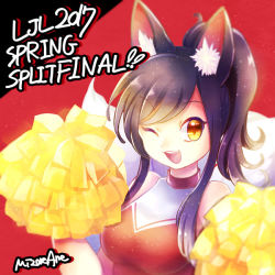 Rule 34 | 1girl, ahri (league of legends), alternate costume, animal ears, black hair, breasts, cheerleader, crop top, crop top overhang, facial mark, fox ears, fox tail, league of legends, long hair, looking at viewer, medium breasts, multiple tails, open mouth, pom pom (cheerleading), sleeveless, smile, solo, tail, whisker markings, wink, yellow eyes