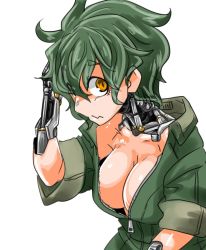 Rule 34 | 1girl, android, breasts, brown eyes, cleavage, female focus, green hair, looking at viewer, mechanical parts, medium breasts, messy hair, null (null man), open clothes, original, short hair, simple background, solo, upper body, wavy mouth, white background