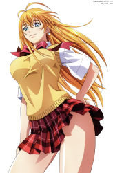 Rule 34 | 00s, 1girl, absurdres, blonde hair, blue eyes, breasts, curvy, earrings, female focus, hand on own hip, highres, ikkitousen, jewelry, large breasts, long hair, magatama, magatama earrings, pleated skirt, red skirt, rin-sin, school uniform, simple background, skirt, smile, solo, sonsaku hakufu, standing, thick thighs, thighs, white background, wide hips