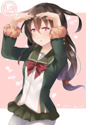 Rule 34 | 1girl, ahoge, bad id, bad pixiv id, black hair, blush, bow, commentary request, cosplay, fur trim, green jacket, green skirt, hair between eyes, hatsushimo (kancolle), jacket, juurouta, kantai collection, long hair, long sleeves, looking at viewer, low tied hair, pantyhose, parted lips, pink background, pleated skirt, pun, red bow, red eyes, shimushu (kancolle), shimushu (kancolle) (cosplay), shimushu pose, shirt, skirt, solo, translation request, twitter username, white pantyhose, white shirt