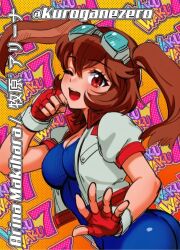 Rule 34 | 1girl, ass, breasts, brown hair, cameltoe, covered navel, goggles, goggles on head, jacket, kuroganezero, large breasts, makihara arina, one eye closed, open clothes, open jacket, open mouth, rabbit ears, red eyes, smile, solo, sunsoft, waku waku 7, wink