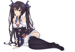 Rule 34 | 10s, 1girl, bare shoulders, black hair, breasts, hair ornament, harami, highres, long hair, looking at viewer, neptune (series), noire (neptunia), red eyes, ribbon, solo, thighhighs, twintails
